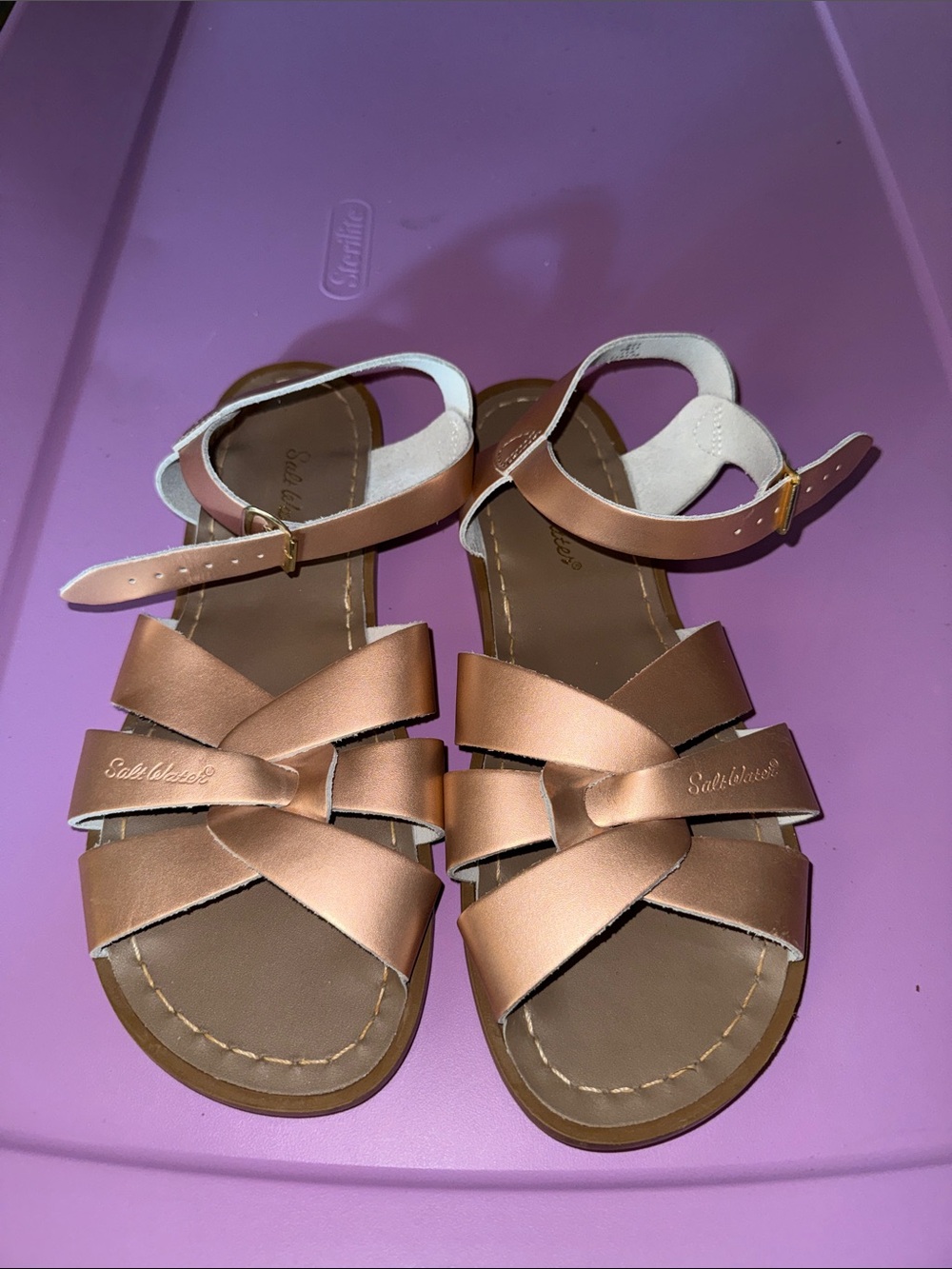 Girls Metallic Rose Gold Strappy Ankle-Buckle Sandals